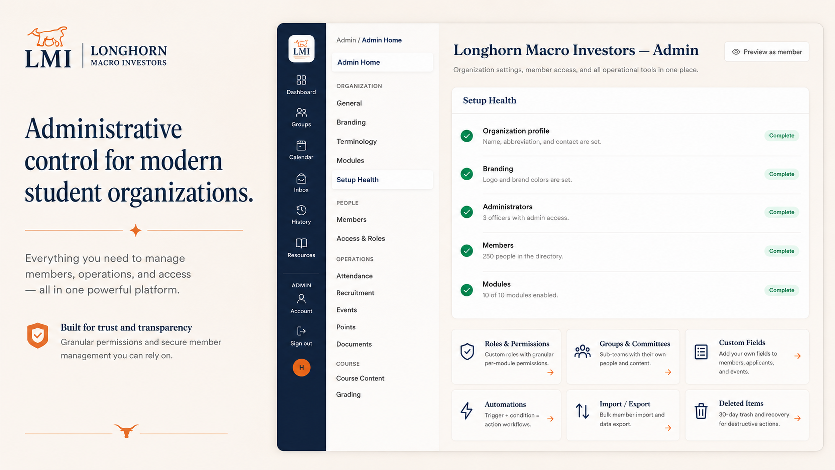 LMI-OS admin page showing setup health, roles, groups, automations, and organization controls.