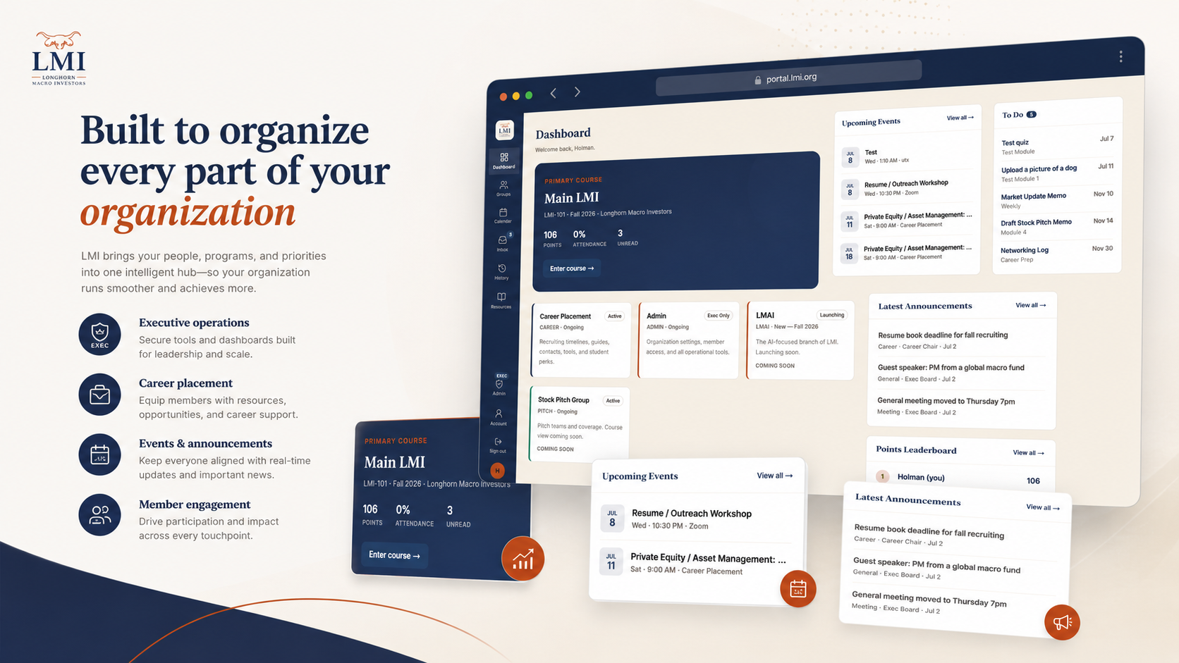 LMI-OS dashboard showing events, tasks, announcements, points, and modules.